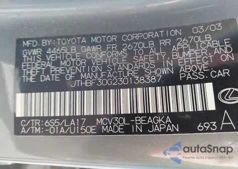 2003 Lexus Es 300 из США, поврежденный, VIN JTHBF30G230138387